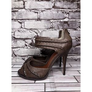 Leon Max Brown Leather Peep Toe Back Zipper Stiletto Heels Women Sz 8.5M US/39EU